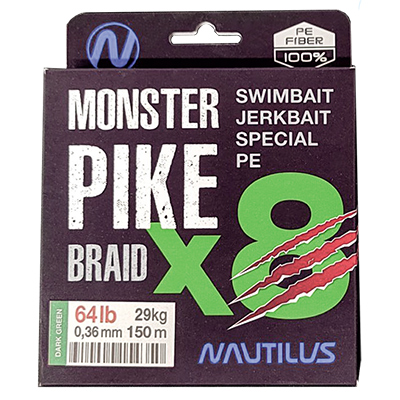 Шнур Nautilus Monster Pike Braid X8 Dark Green d-0.41 39кг 86lb 150м - купить по доступной цене Интернет-магазине Наутилус