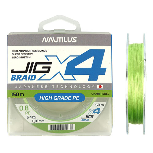 Шнур Nautilus X4 Jig Braid Chartreuse d-0.14мм 9.1кг 1,2PE 150м - купить по доступной цене Интернет-магазине Наутилус