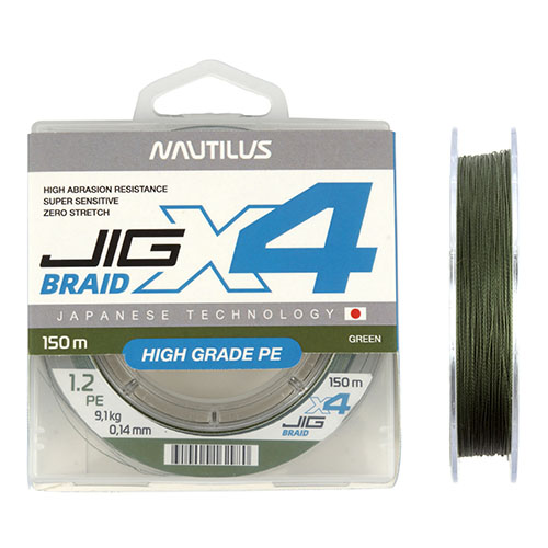 Шнур Nautilus X4 Jig Braid Green d-0.18мм 13.2кг 2,0PE 150м - купить по доступной цене Интернет-магазине Наутилус