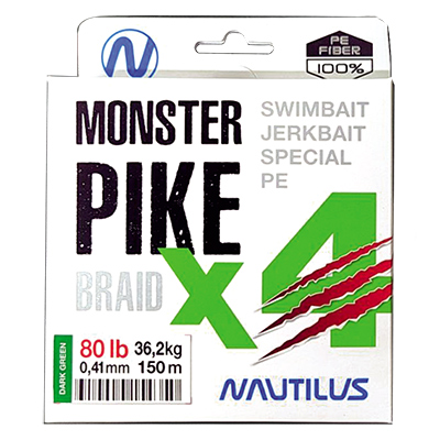 Шнур Nautilus Monster Pike Braid X4 Dark Green d-0.38 31.7кг 70lb 150м - купить по доступной цене Интернет-магазине Наутилус
